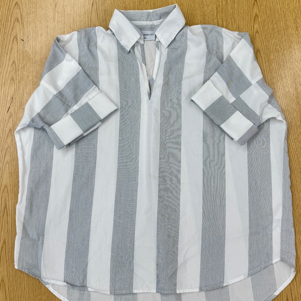 Allison Izu 100% Organic Cotton Black and White Striped Collared Top Size M/L